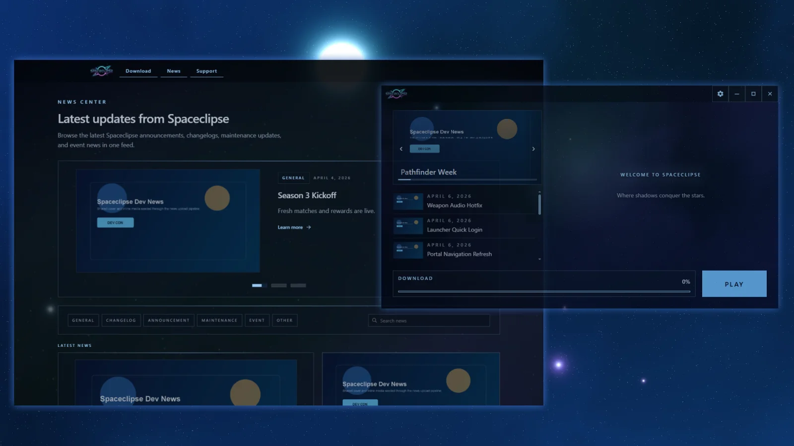 News section on website and news feed in the launcher