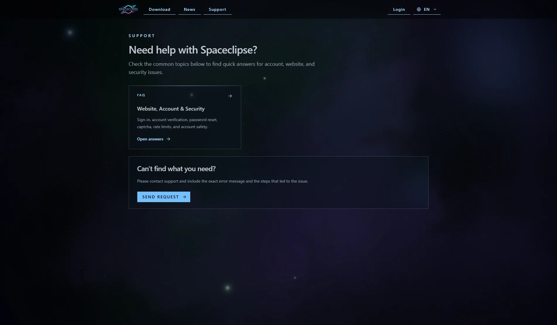 Support page on website