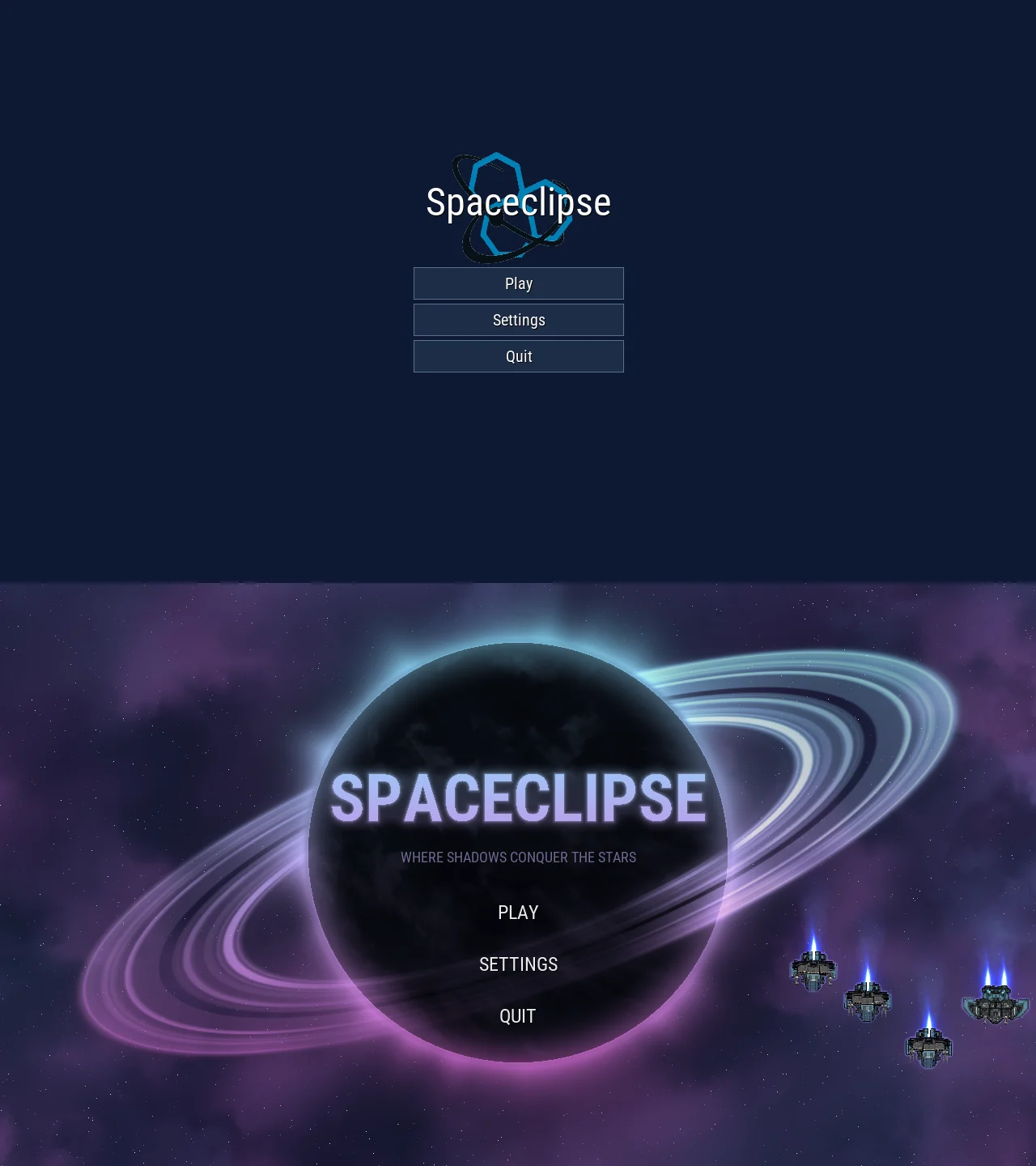 The main menu before and after: the static 0.9.14 screen on top, the new live eclipse scene below