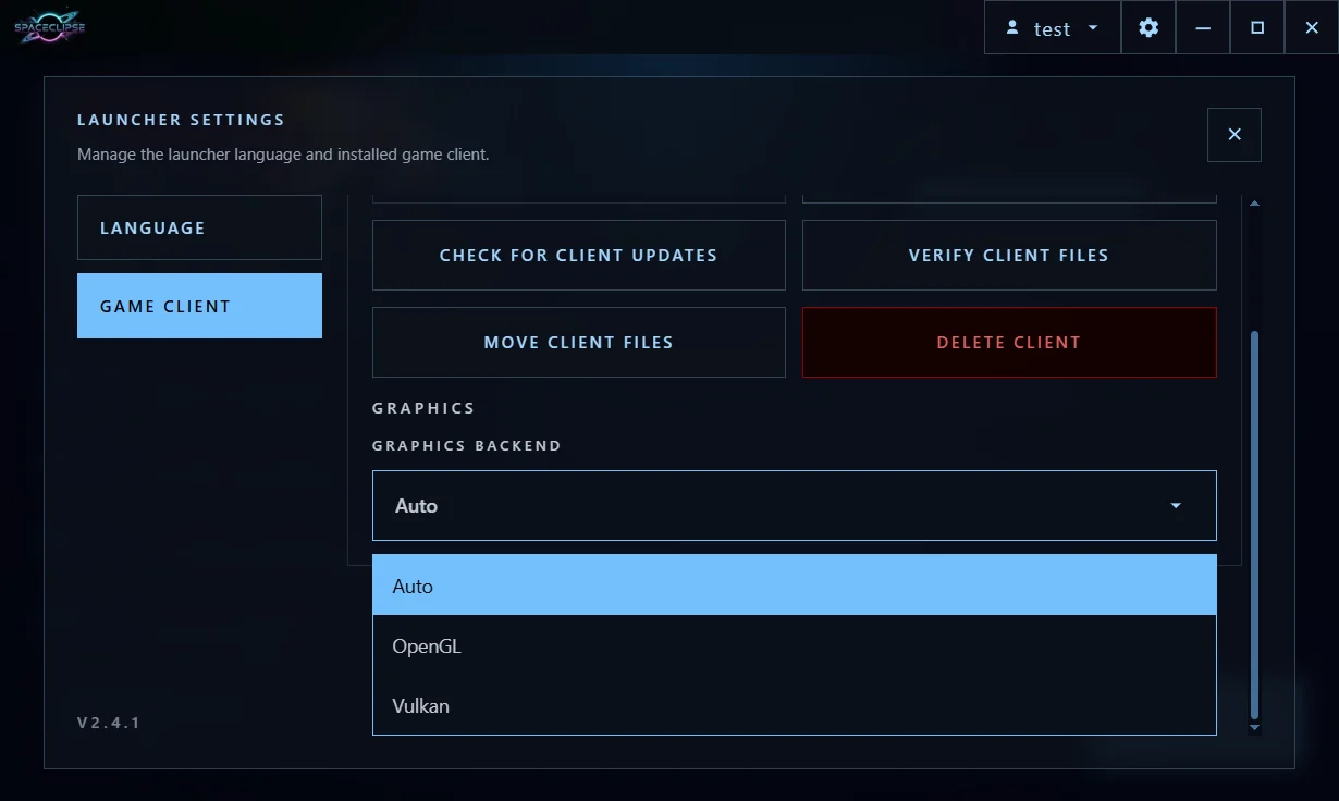 Spaceclipse launcher settings: the graphics backend selector — Auto, OpenGL, or Vulkan