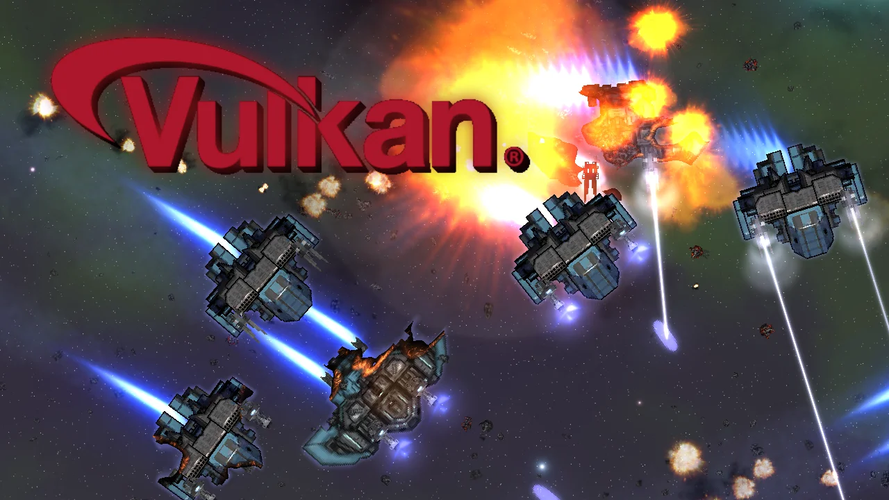 The Vulkan® logo with Spaceclipse ships flying past behind it amid weapon fire and explosions